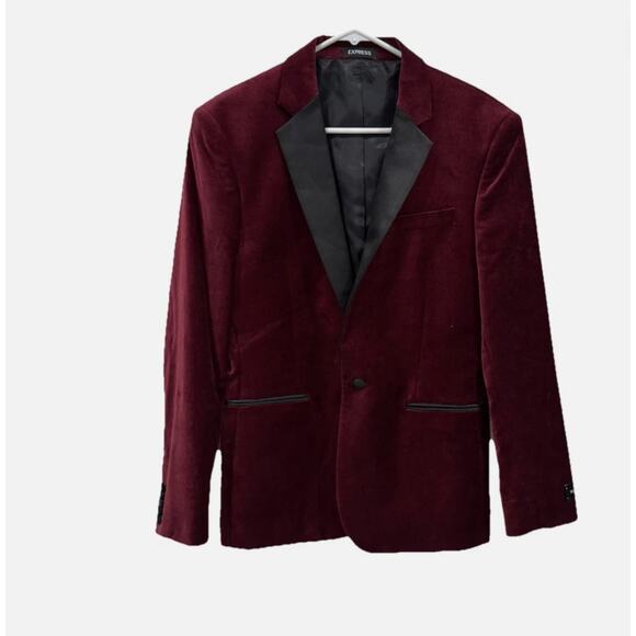 Express Men’s Burgundy Slim Velvet One Button Tuxedo Blazer Jacket Size Small - Picture 4 of 5